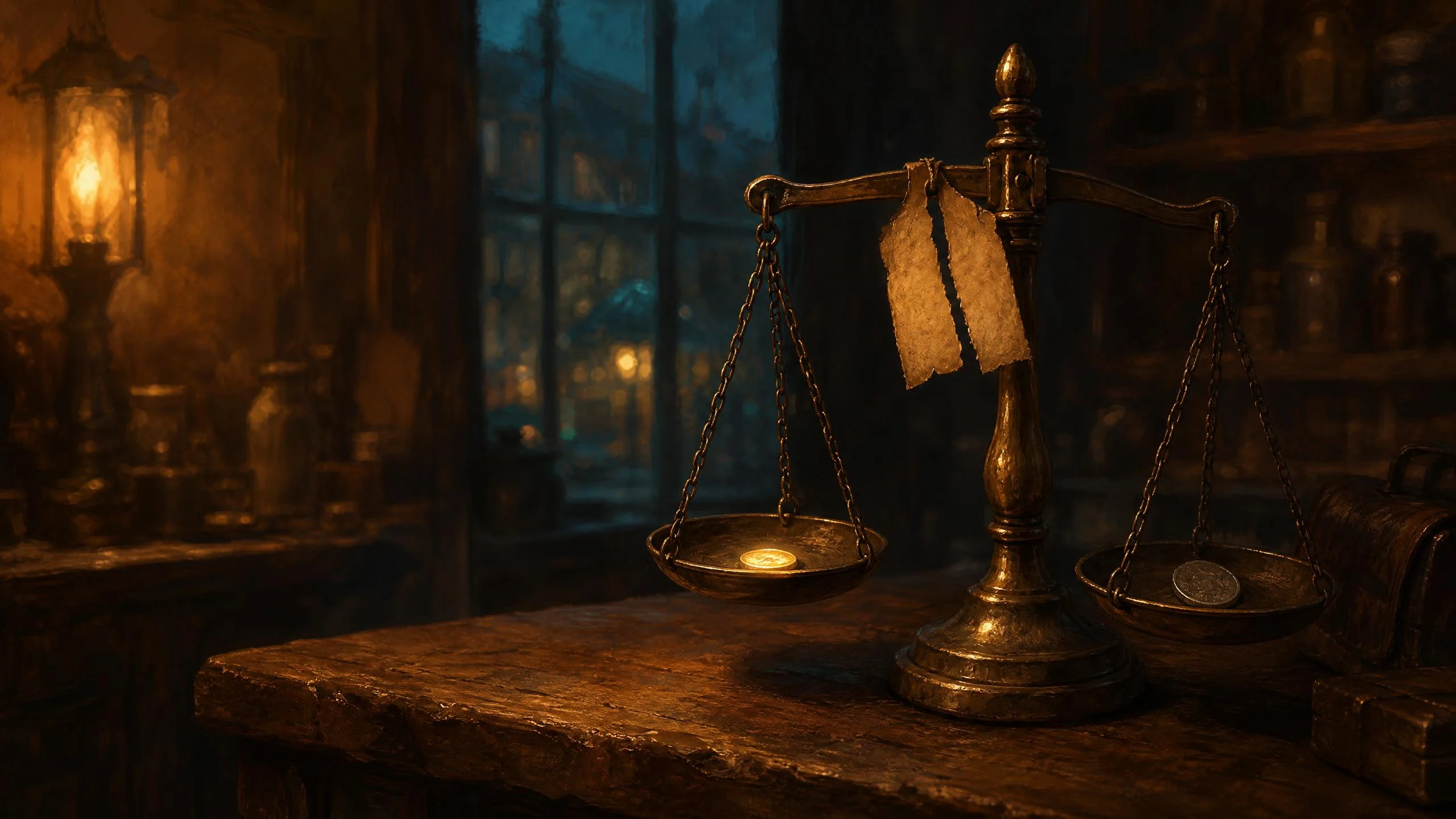 A brass merchant's scale on a worn wooden counter, a glowing gold coin in one pan and a dull silver one in the other, a torn paper tag hanging from the beam