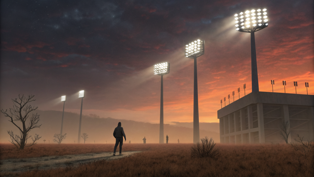 Tall stadium floodlights blaze at dusk over an empty field where a lone figure walks