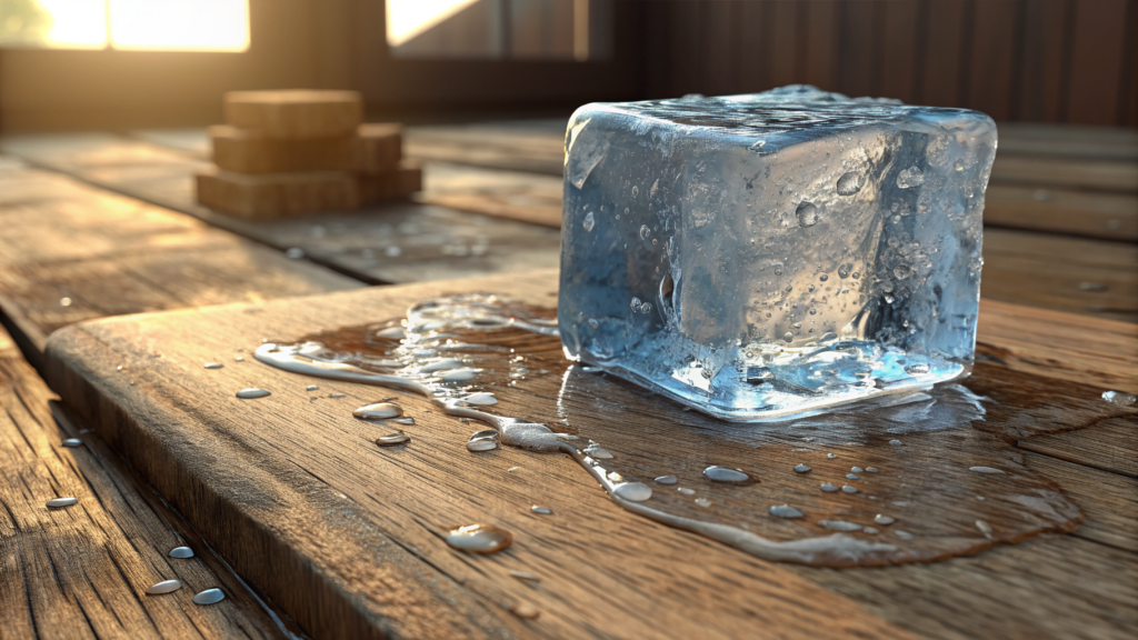 A block of ice melting on a wooden plank as a thin sheet of water spreads toward small wooden cubes