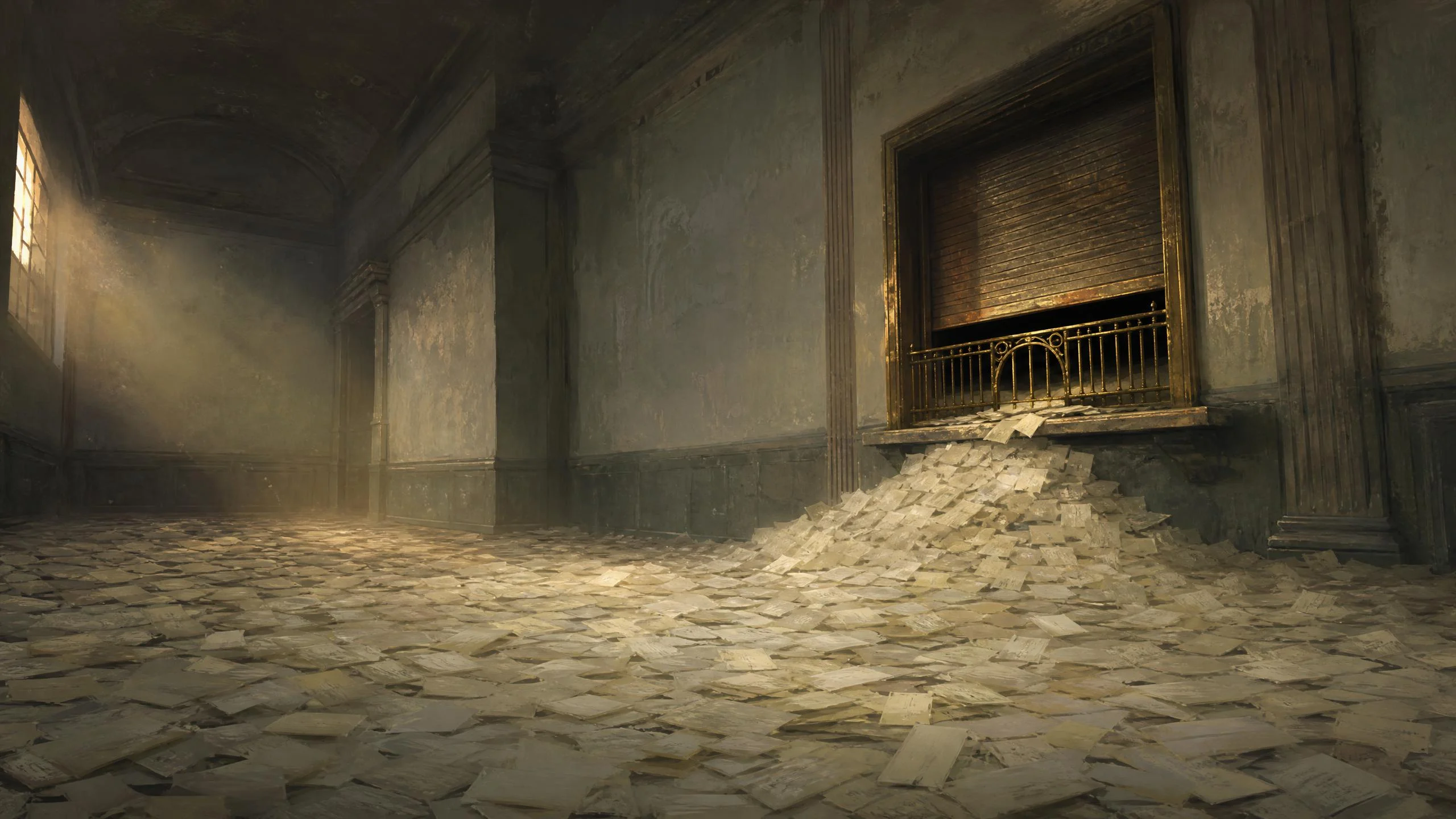 A shuttered brass ticket window in a bare municipal hall has spilled a drift of pale paper slips across the floor toward a shaft of amber light