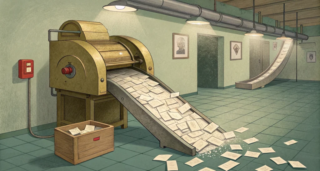 A brass sorting machine sends a slope of paper slips across a tiled floor while a small wooden crate holds a few slips nearby