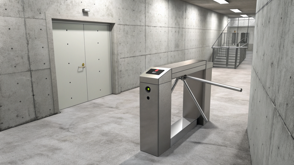 A steel turnstile with one arm extended stands in a bare concrete corridor beside a plain grey double door