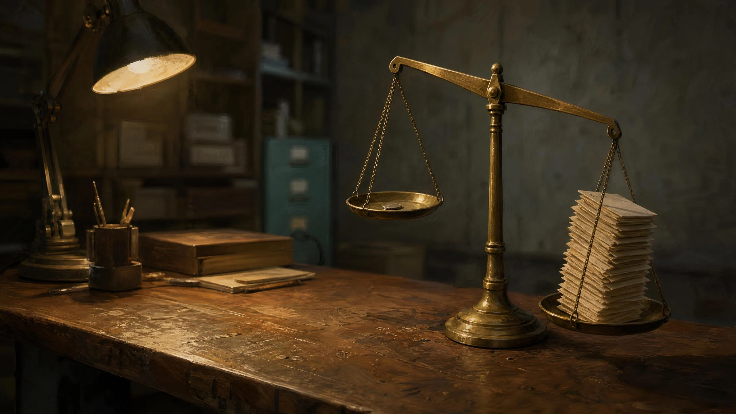 A brass balance scale on a worn wooden desk under a lamp, one pan holding a single coin while a tall stack of paper slips weighs the other down
