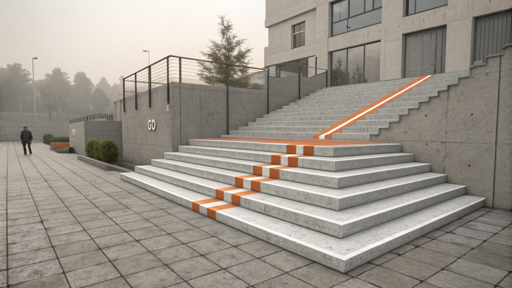 A wide concrete staircase in morning fog with an orange and white stripe running up its centre to a landing
