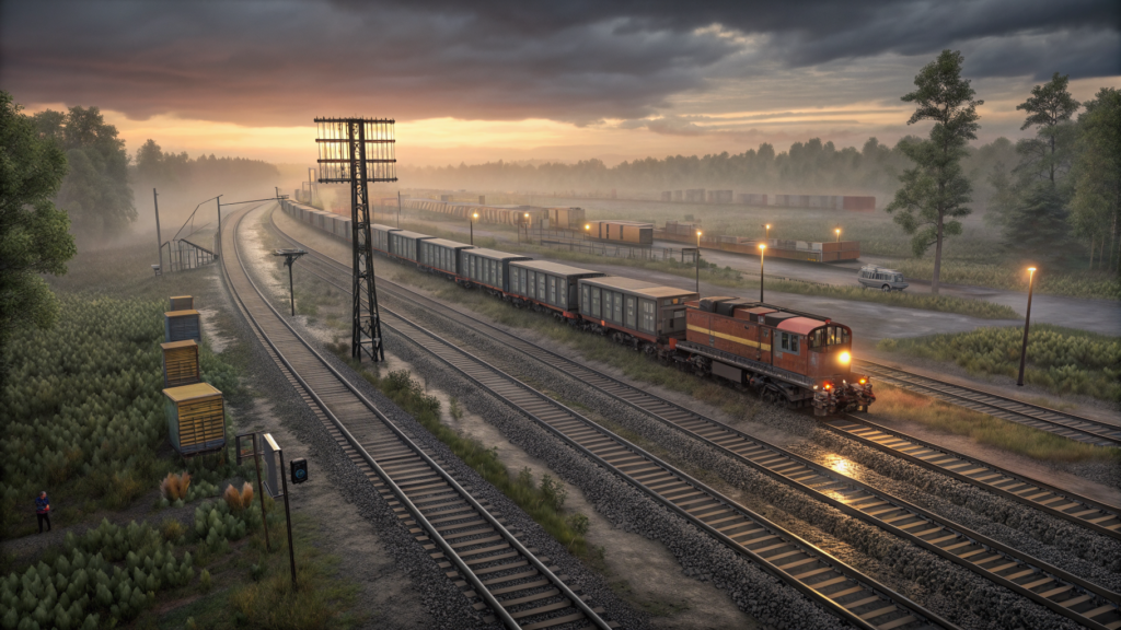 A red locomotive hauling a long freight train along parallel tracks in a misty rail yard at dawn
