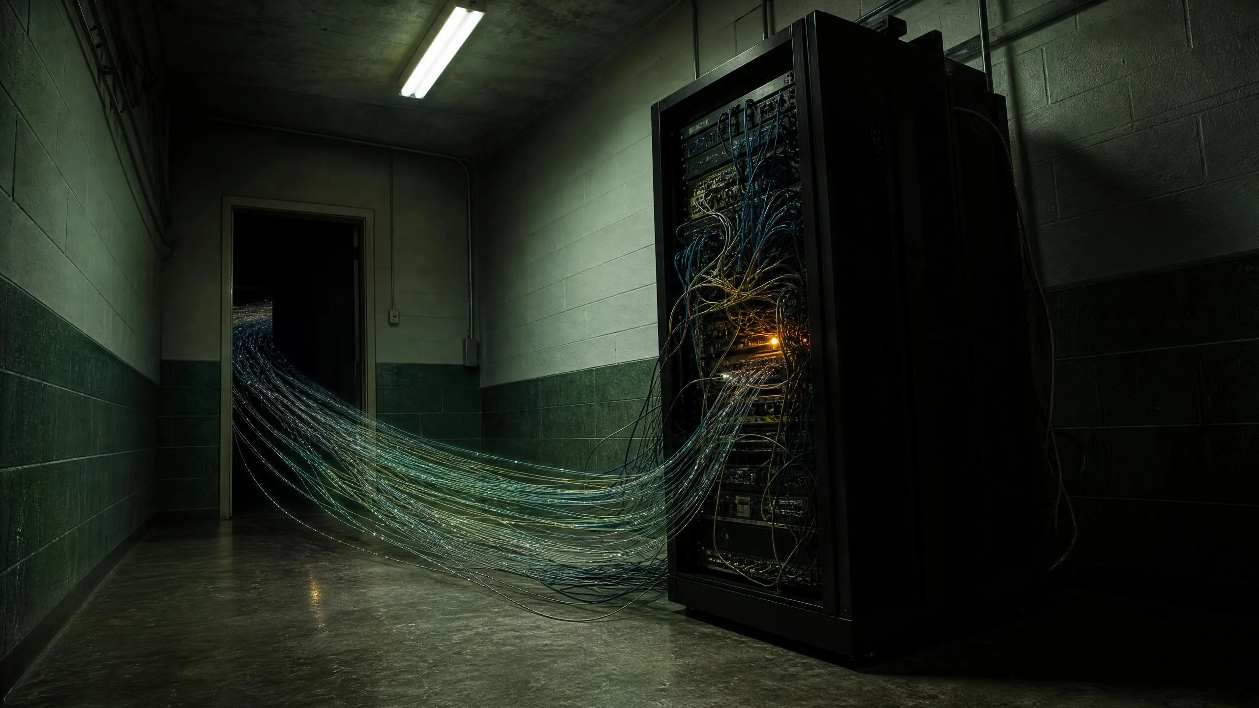 A dim tiled corridor where a stream of thin glowing cables pours through a doorway into a tangled server rack with one amber light