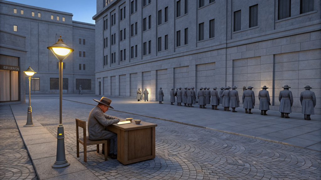 A seated attendant at a lone desk under a street lamp while a long line of identical gray-coated figures waits across a stone plaza