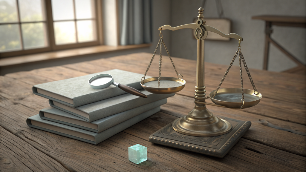 A brass balance scale beside a stack of blank folders and a magnifying glass, with a small glowing cube on the floor