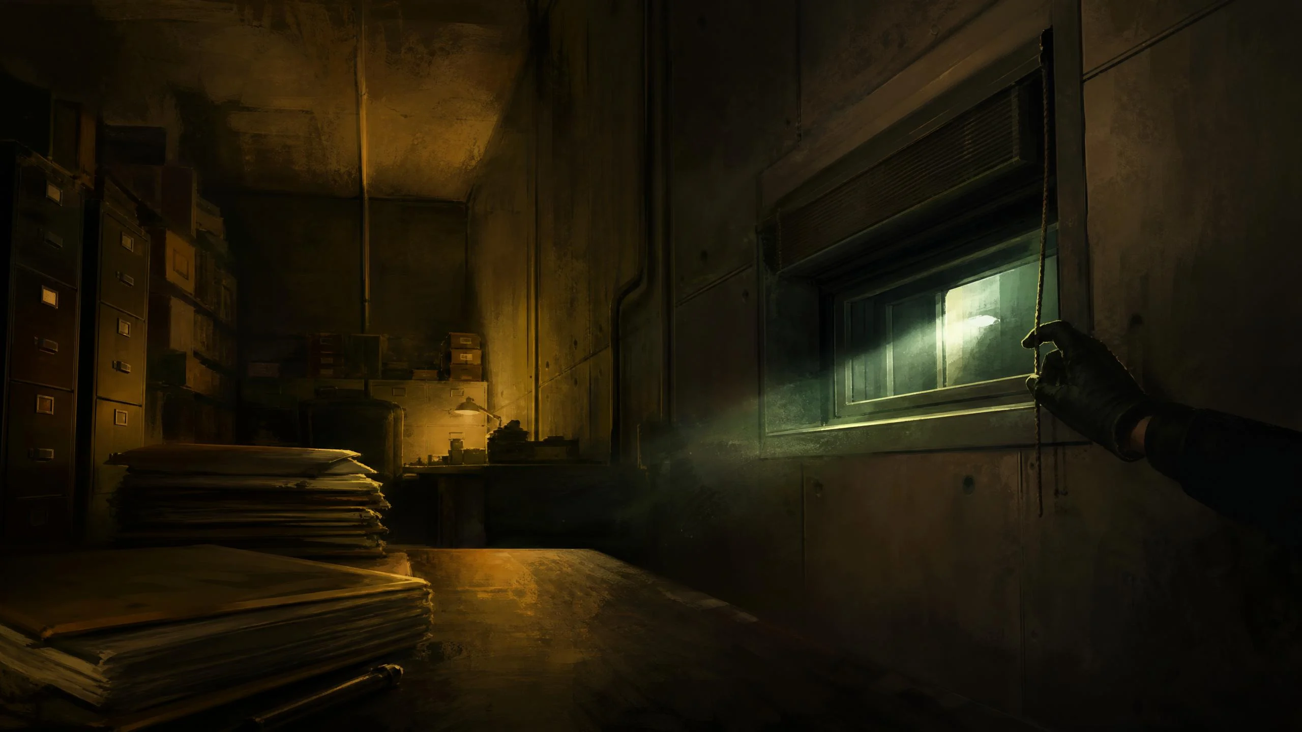 A dim archive room of filing cabinets and paper stacks, with a gloved hand on a shutter cord beside a narrow window letting in a pale green beam