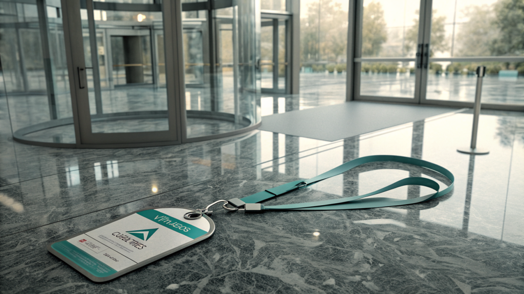 A visitor badge on a teal lanyard lying on a polished marble lobby floor beside a revolving door