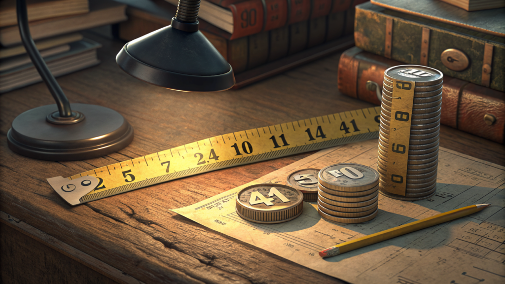 A yellow tape measure running toward a stack of coins, with a pencil and ledger paper on a wooden desk under a lamp