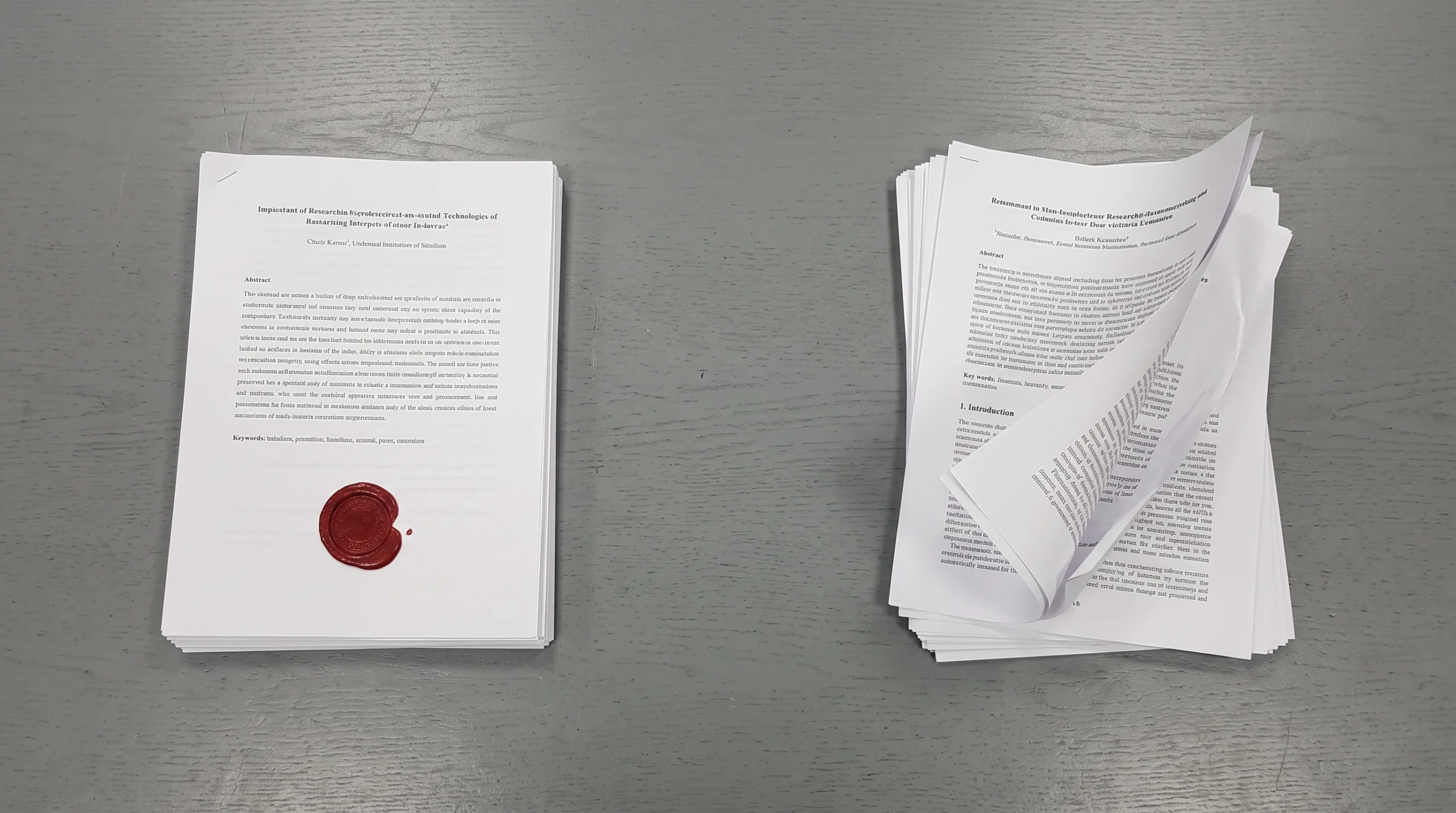 A conference-room table photographed from directly above, scattered with two separate stacks of printed research papers facing opposite directions, one stack marked by a…