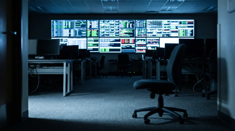 A darkened network operations center at night, rows of empty desks lit only by the glow of monitoring screens stacked floor to ceiling on the far wall, each displaying…