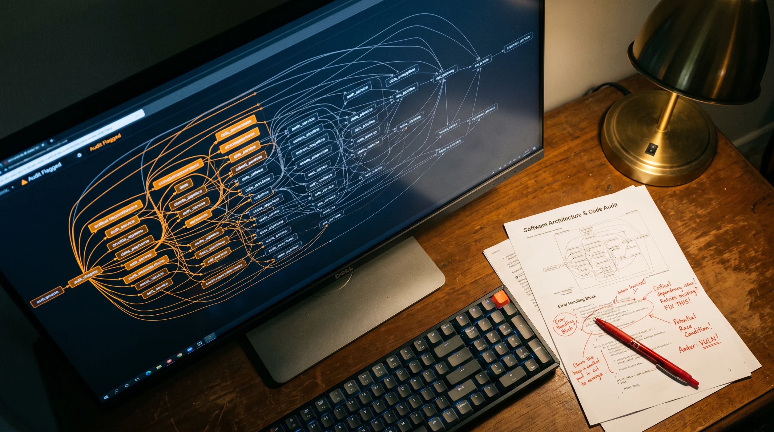 A large monitor on a dim office desk shows a sprawling dependency graph of software modules rendered as interconnected nodes, half of them highlighted in amber warning…