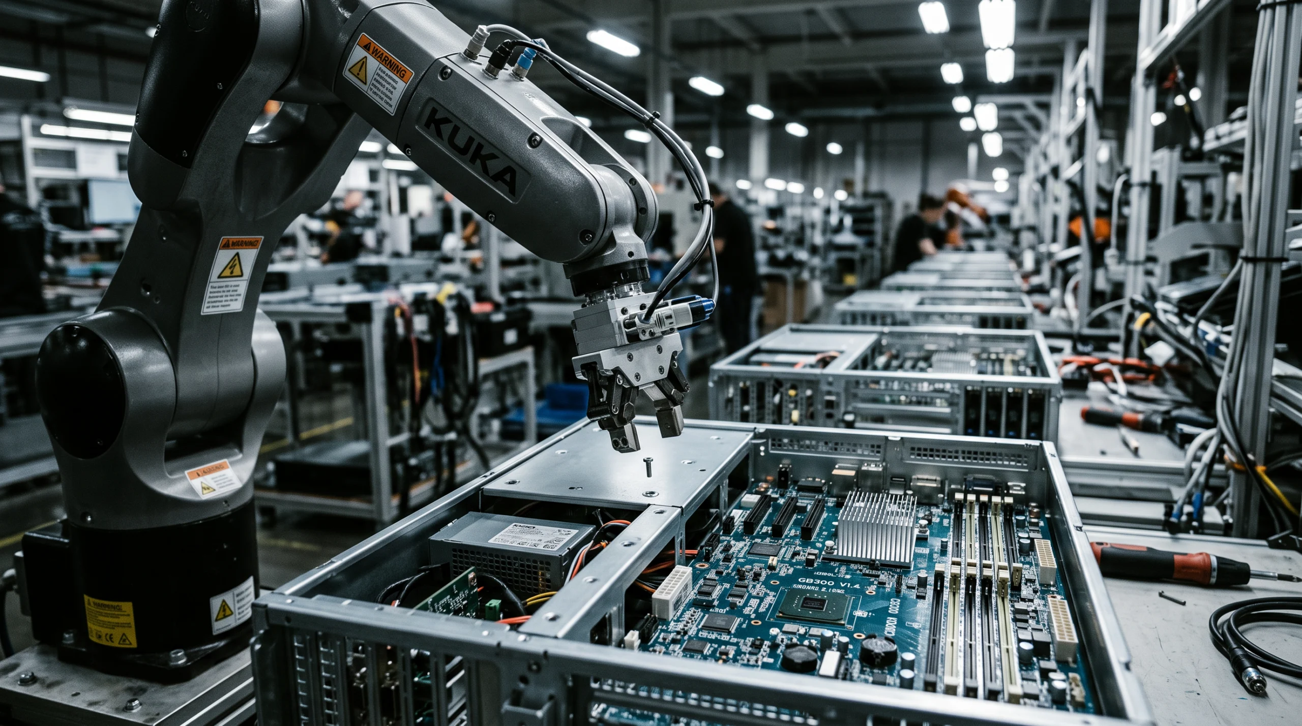 A factory robotic arm pauses mid-task over a partially assembled server rack chassis, its gripper holding a single screw above an unfastened mounting hole on a GB300…