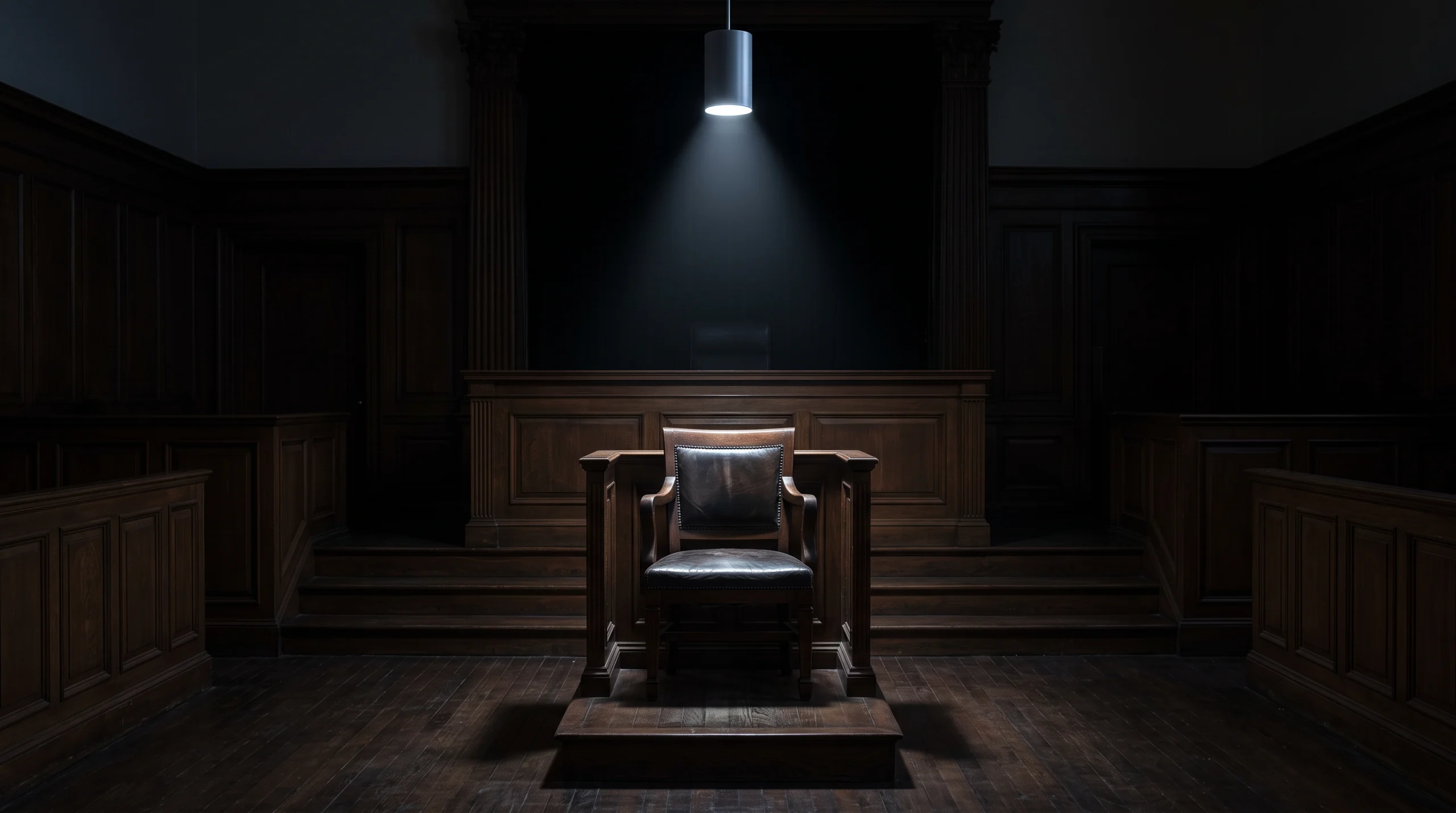 A wooden courtroom-style witness chair sits empty under a single downlight in an otherwise dark chamber, its leather seat worn and slightly reflective, facing an empty…