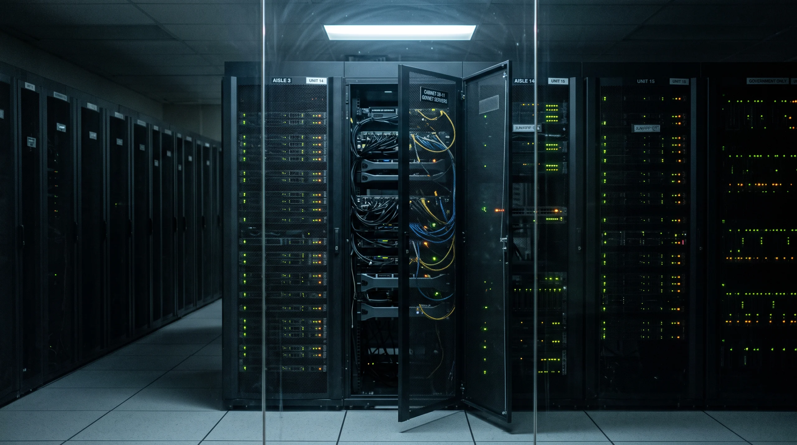 A government server room photographed at night through a glass partition, rows of networking racks with small status lights glowing green and amber, one rack's cabinet…