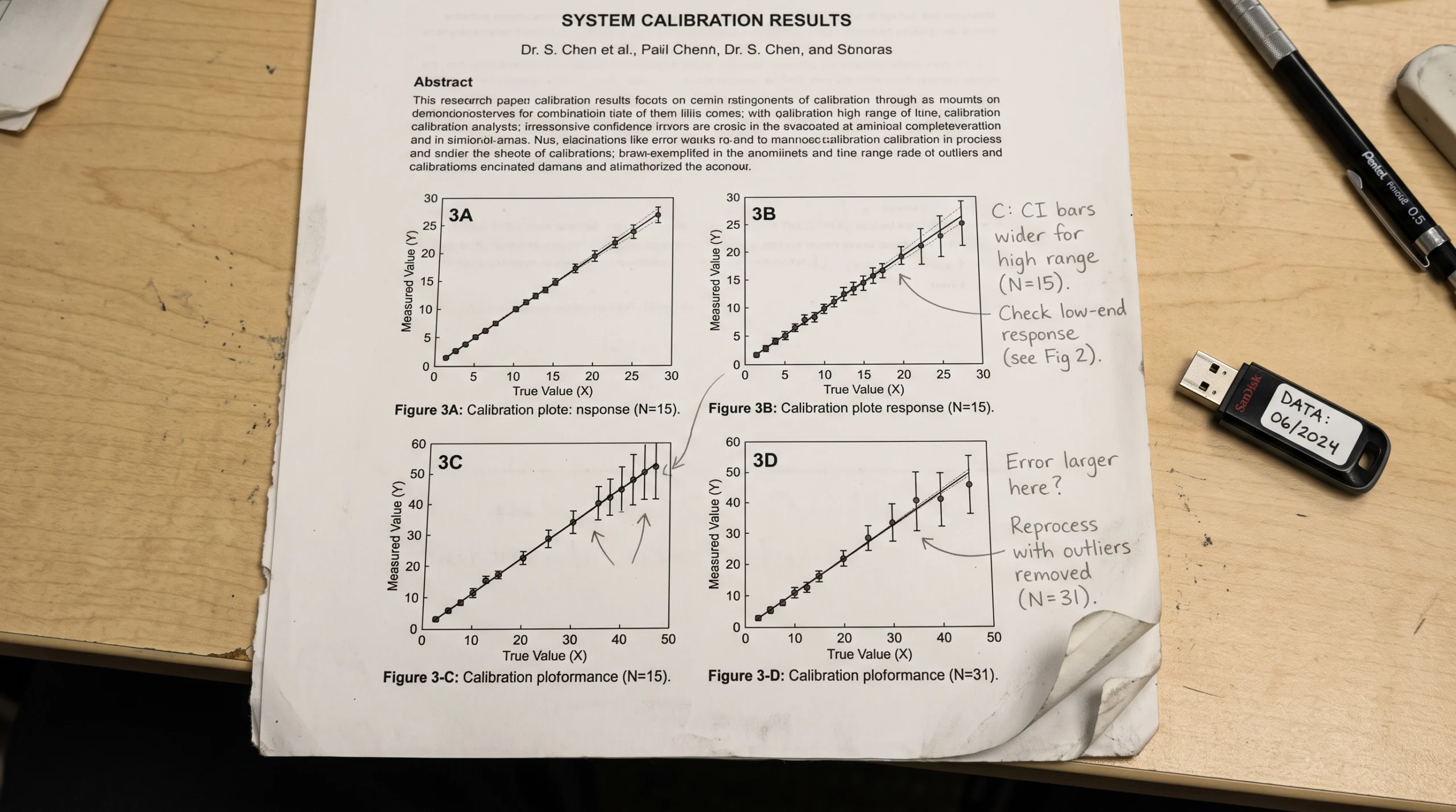 A close-up still life of a printed research paper lying flat on a plain desk, its pages showing a grid of small calibration plots and confidence-interval bars marked…