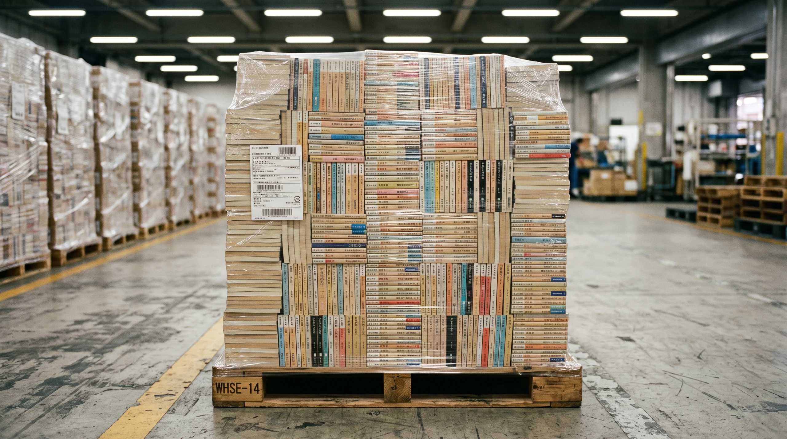 A high stack of Japanese paperback books sits on a warehouse pallet, shrink-wrapped in clear plastic with a shipping label turned away from the camera, under the flat…