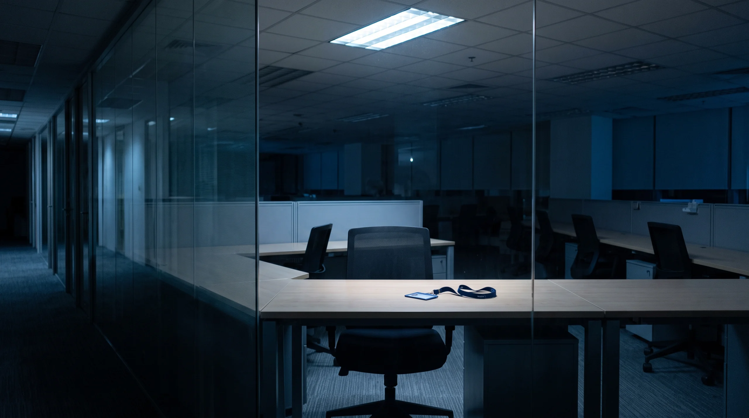 A corporate office at dusk, photographed through a glass wall from the hallway: a single workstation sits empty, chair pushed in, desk cleared except for a corporate…