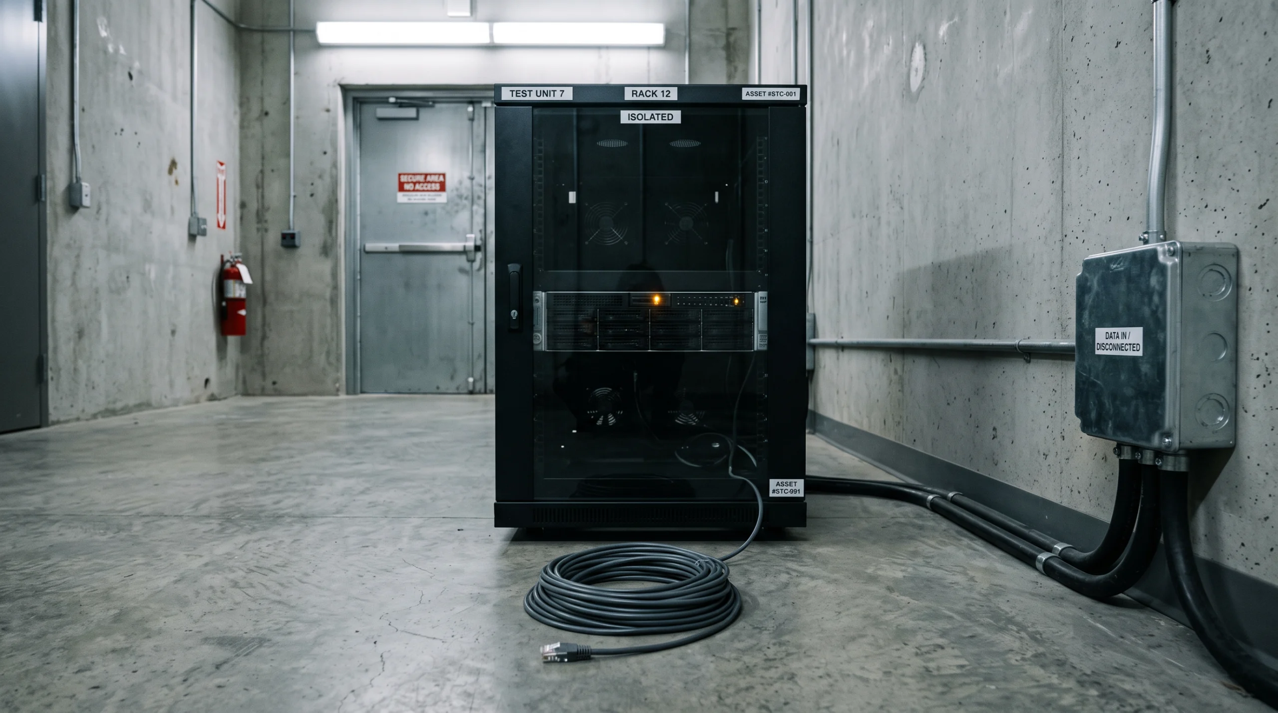 A sealed server rack sits inside a windowless test chamber, its network cable unplugged and coiled neatly on the floor beside it, a single amber status light glowing on…