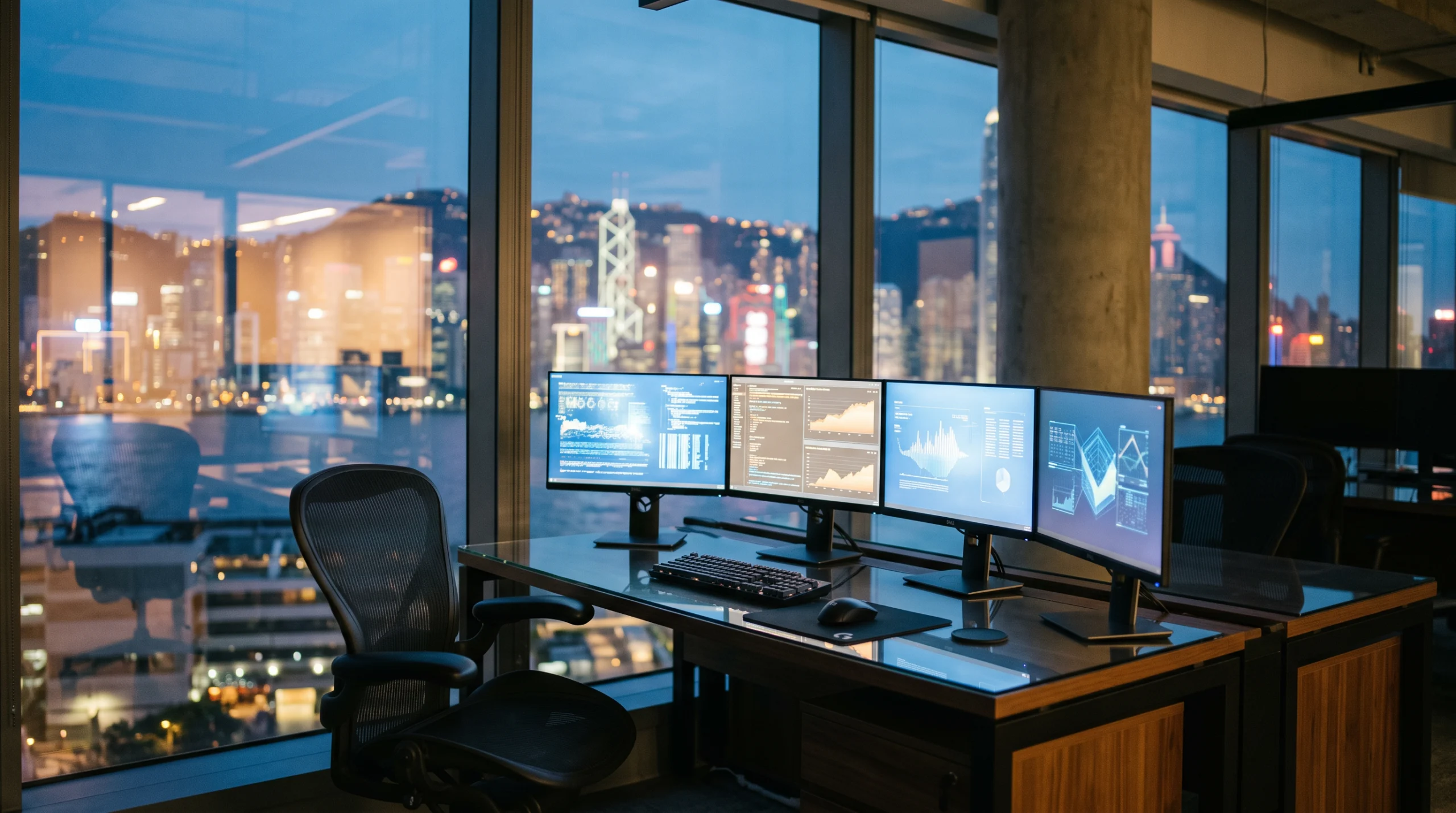 A sleek unmanned trading desk in a Hong Kong fintech office at dusk, four slim monitor panels arranged in a shallow arc, each glowing with a different abstract dashboard…